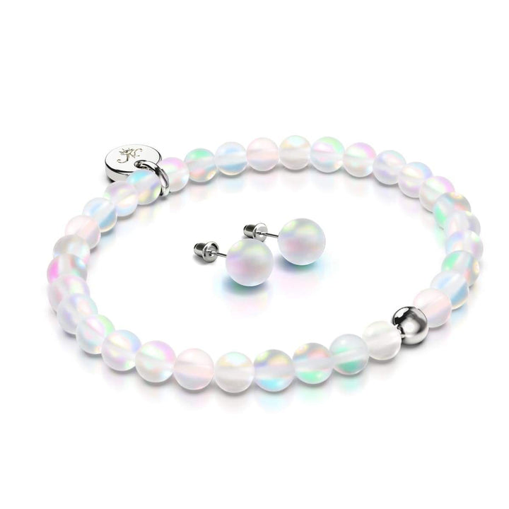 Rainbow White | White Gold Vermeil | Mermaid Glass Gift Set | Bracelet and Stud Earrings