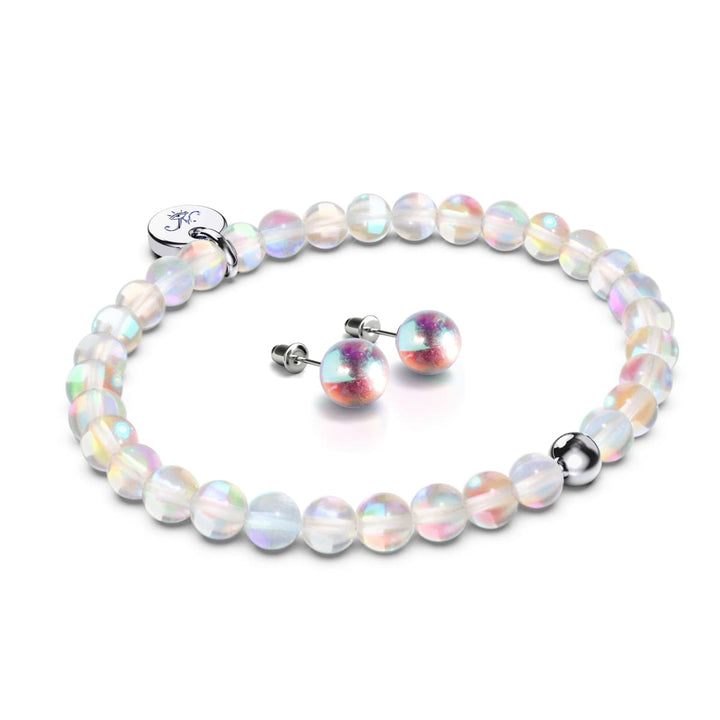 Rainbow Supernova | .925 Sterling Silver Galaxy Glass Gift Set | Bracelet and 8mm Stud Earrings