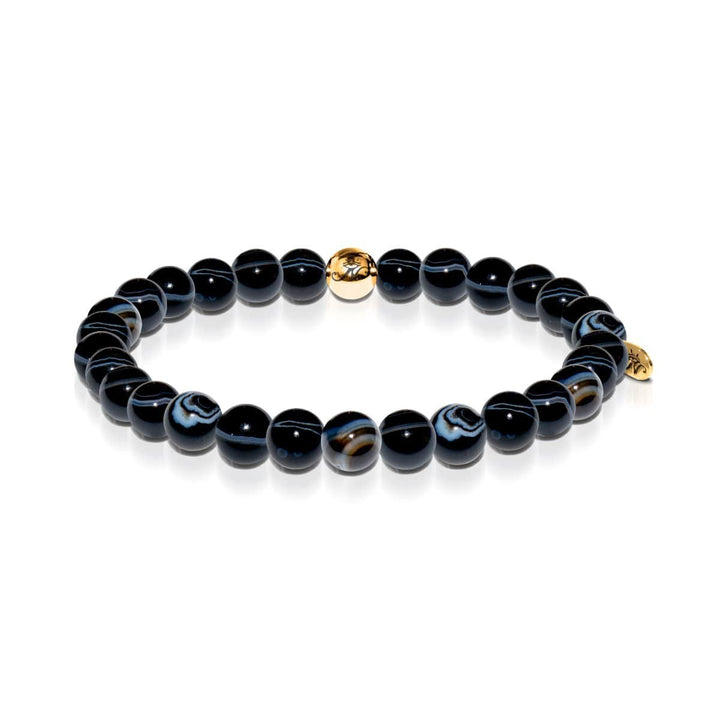 Men's | 18k Gold | Black Line Agate Bead Bracelet