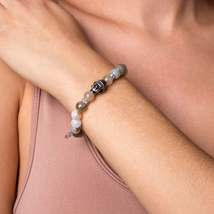 Ethereal | White Gold Buddha | Light Green Striped Agate Bracelet