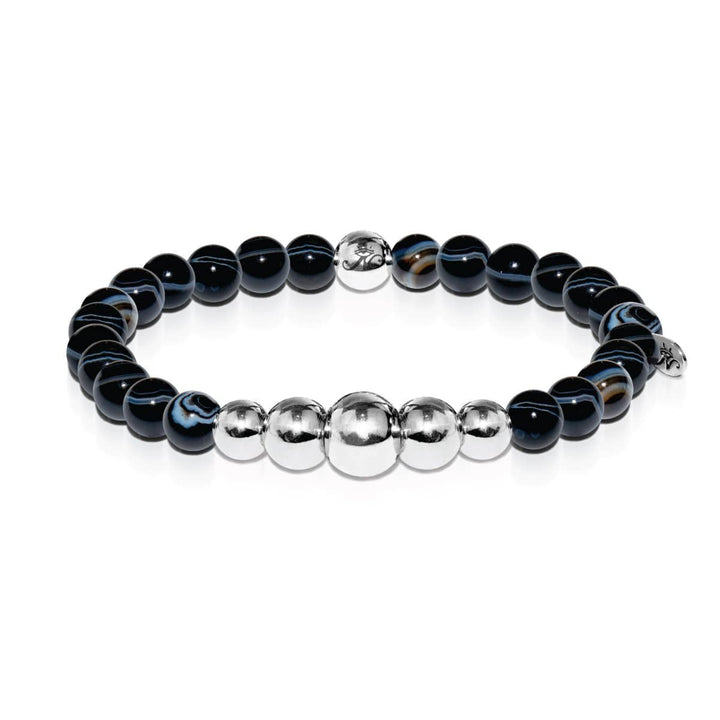 Men's | Silver | Temple | Black Line Agate Bead Bracelet