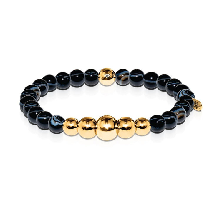 Men's | 18k Gold | Temple | Black Line Agate Bead Bracelet