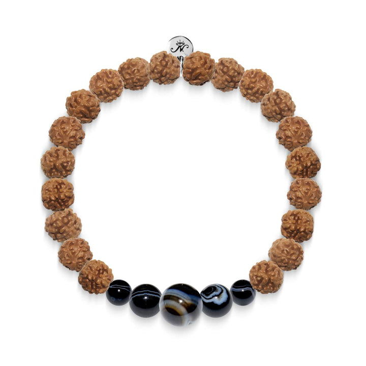Wheel of Destiny | Silver Mala Yoga Bracelet | Black Line Agate