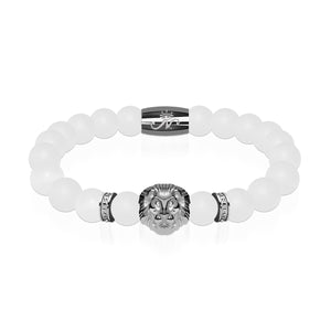 Gunmetal Lion | Matte White Agate | Kingdom Bead Bracelet
