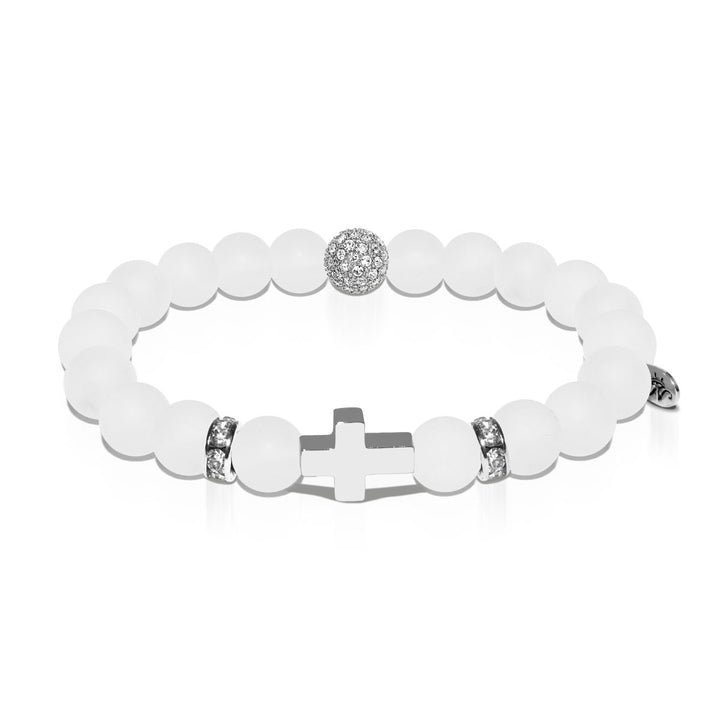 St. Christopher | White Gold Cross | Matte White Agate Bracelet