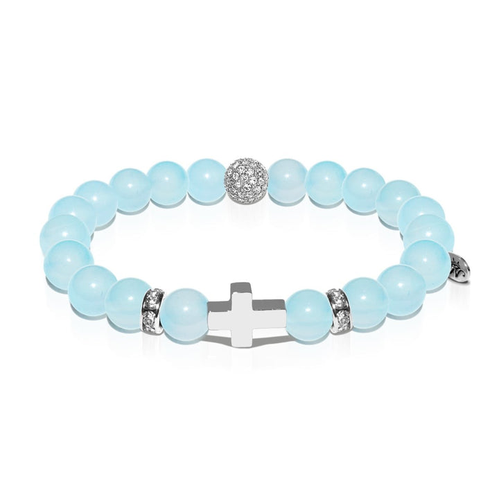 St. Clare of Assisi | White Gold Cross | Sky Blue Agate Bracelet