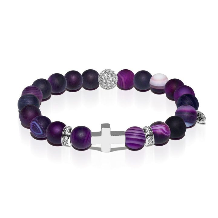 St. Joan of Arc | White Gold Cross | Matte Purple Striped Agate Bracelet