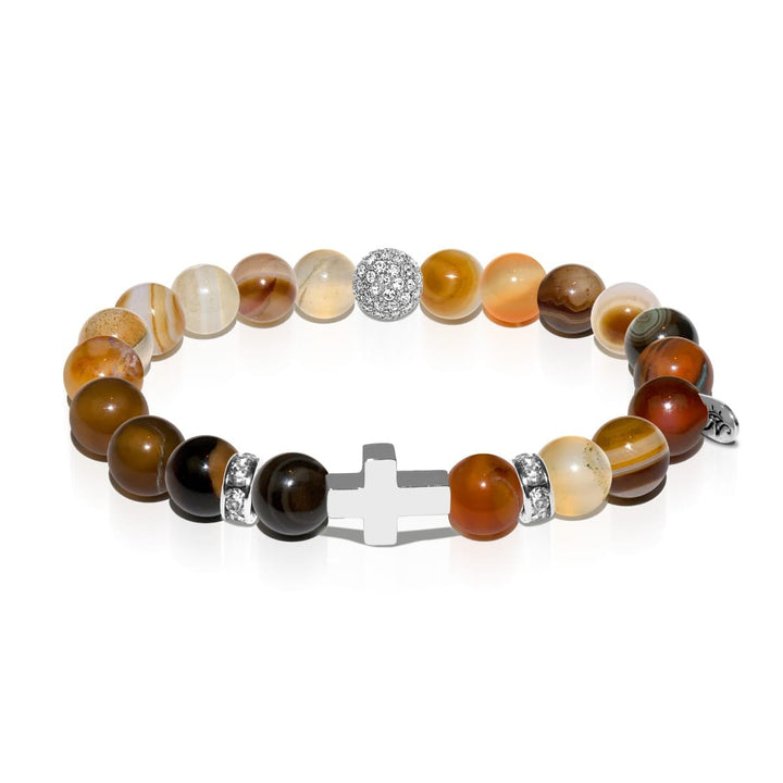 St. Mary Magdalene | White Gold Cross | Grey Striped Agate Bracelet