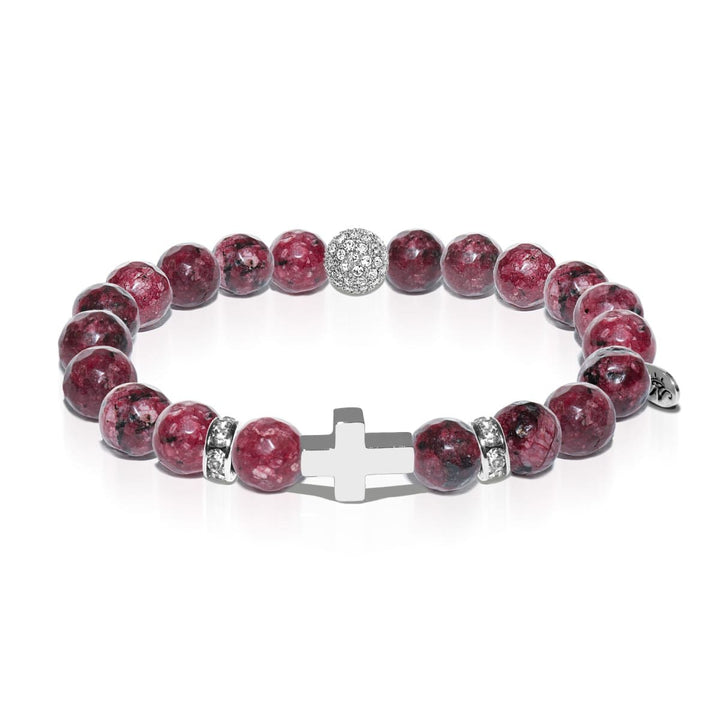 St. Padre Pio | White Gold Cross | Mulberry Agate Bracelet