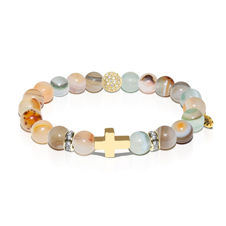 St. Elizabeth of Hungary | Gold Cross | Brown Striped Agate Bracelet
