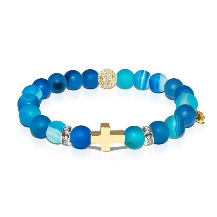 St. Monica of Hippo | Gold Cross | Matte Blue Striped Agate Bracelet