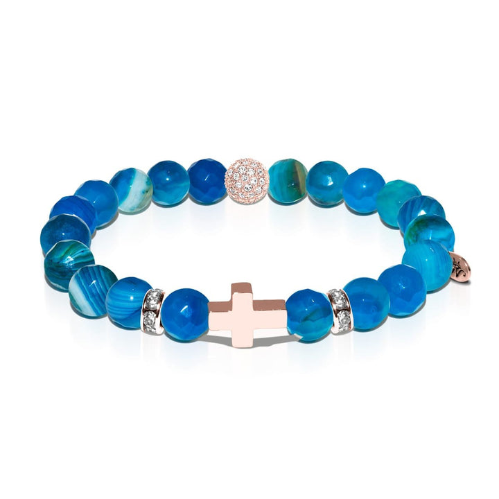 St. Lily of the Mohawks | Rose Gold Cross | Blue Striped Agate Bracelet