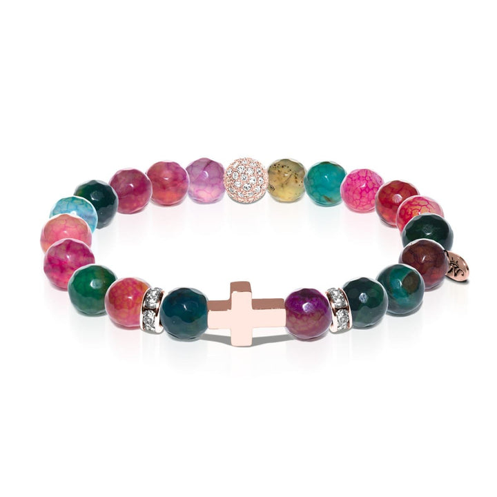 St. Raphael | Rose Gold Cross | Faceted Multi-Color Agate Bracelet