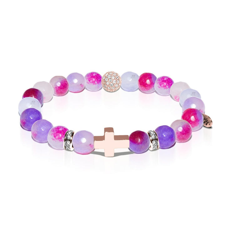 St. Michael | Rose Gold Cross | Rainbow Color Jade Bracelet