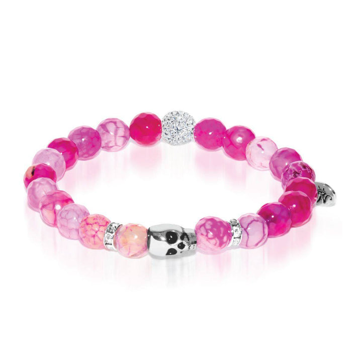 Amulet | White Gold Crystal Skull Charm Fuchsia Agate Bracelet