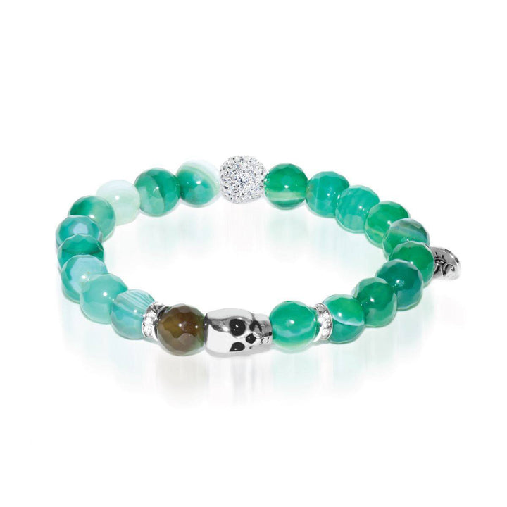Book of Shadows | White Gold Crystal Skull Charm Green Striped Faceted Agate Bracelet