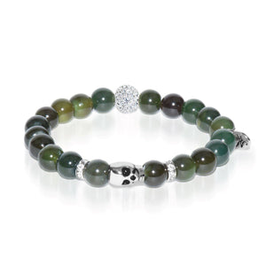 Coven | White Gold Crystal Skull Charm Dark Green Agate Bracelet