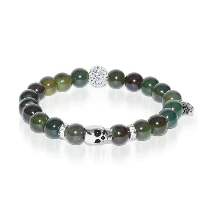 Coven | White Gold Crystal Skull Charm Dark Green Agate Bracelet