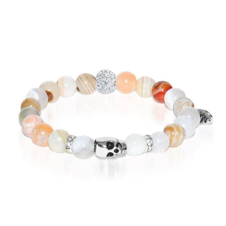 Dark Moon | White Gold Crystal Skull Charm Grey Striped Agate Bracelet
