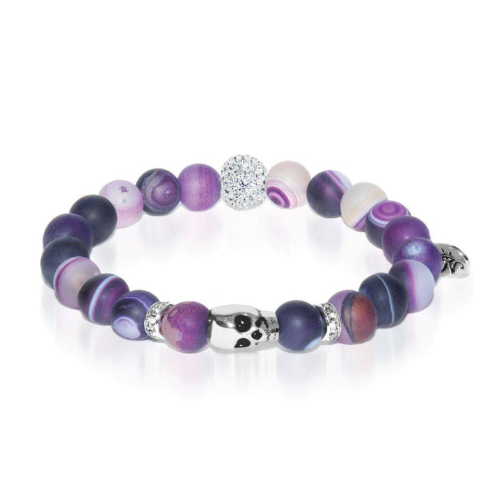 Divination | White Gold Crystal Skull Charm Matte Purple Striped Agate Bracelet