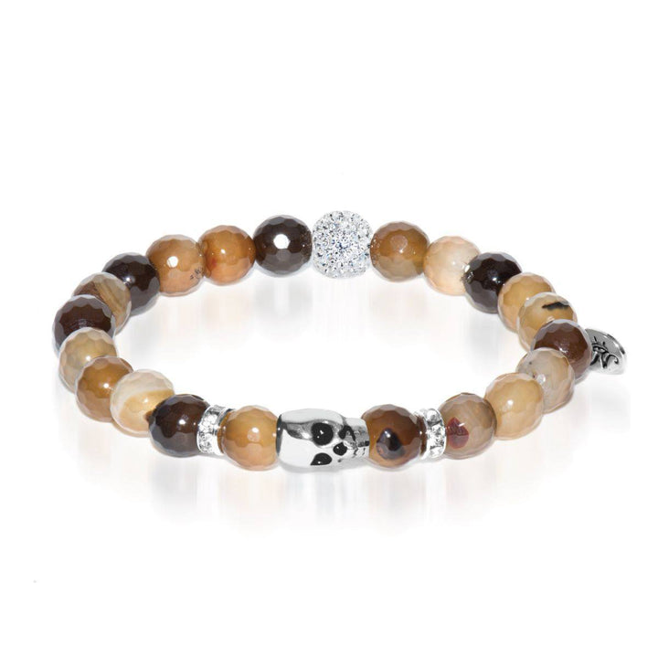 Ouija | White Gold Crystal Skull Charm Brown Striped Agate Bracelet