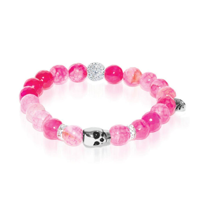 Pentacle | White Gold Crystal Skull Charm Pink Dragon Grain Agate Bracelet
