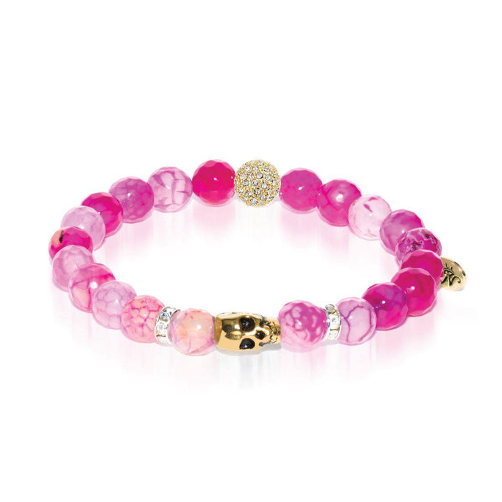 Talisman | Gold Crystal Skull Charm Fuchsia Wave Agate Bracelet