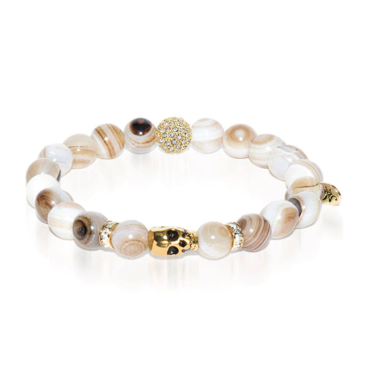 Numerology | Gold Crystal Skull Charm Brown Striped Agate Bracelet