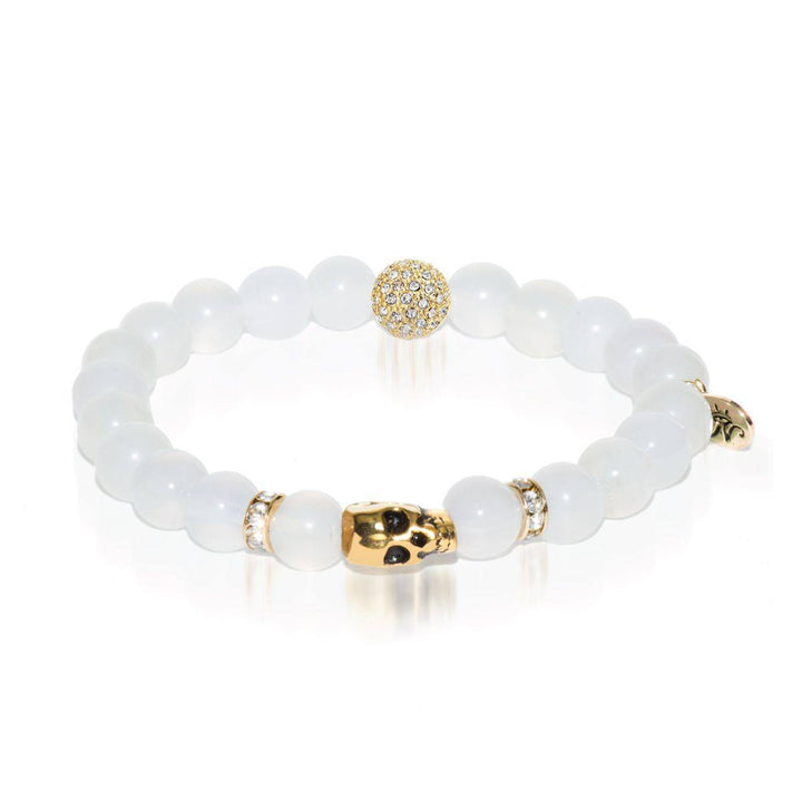 Osiris | Gold Crystal Skull Charm White Agate Bracelet