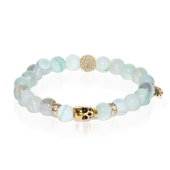 New Moon | Gold Crystal Skull Charm Light Green Striped Agate Bracelet