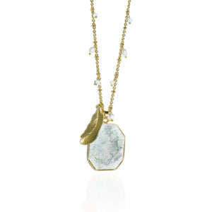 Greek Hillside | Snow Jade Stone and Gold Feather Charm Pendant Necklace Necklace