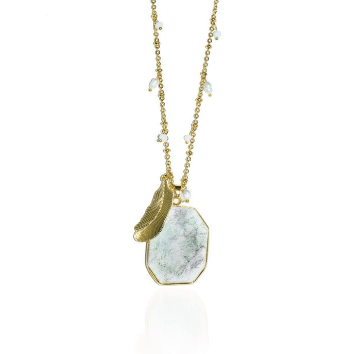 Greek Hillside | Snow Jade Stone and Gold Feather Charm Pendant Necklace Necklace