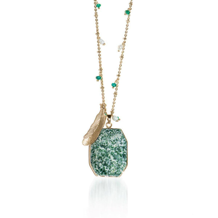 Wildest Dreams | Mossy Jade Stone and Gold Feather Charm Pendant Necklace Necklace