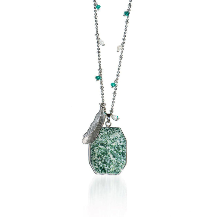 Ivy League | Mossy Jade Stone and Gold Feather Charm Pendant Necklace Necklace