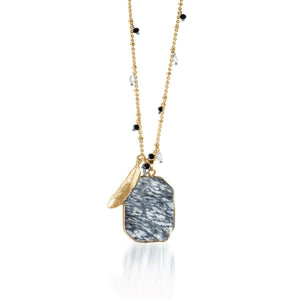Frozen Dreamscape | Zebra Jade Stone and Gold Feather Charm Pendant Necklace Necklace