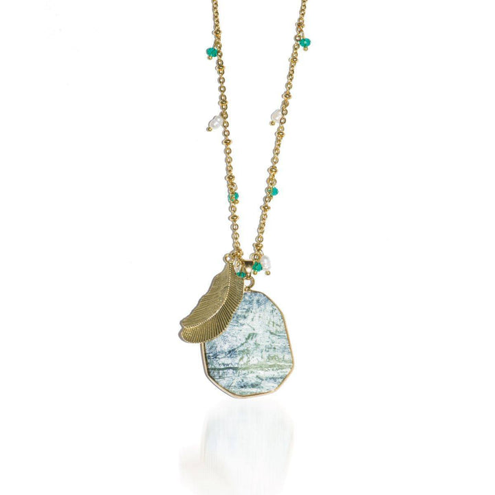 Dirty Martini | Olive Agate Stone and Gold Feather Charm Pendant Necklace Necklace