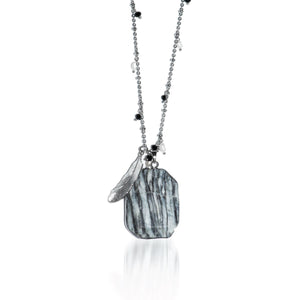Smokey Haze | Zebra Jade Stone and Gold Feather Charm Pendant Necklace Necklace