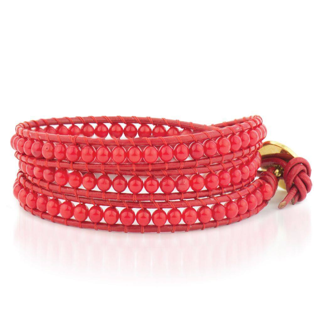 18K Gold and Red Coral on a Red Leather Wrap
