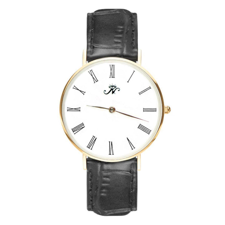 Museum - Gold Timepiece with Black Leather - Designer Watch Timepiece in Gold with Black Alligator Style Genuine Leather and Roman Numerals Style Face