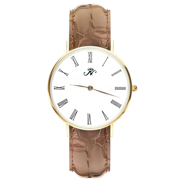 Wellesley - Designer Watch Timepiece in Gold with Brown Alligator Style Genuine Leather and Roman Numerals Style Face