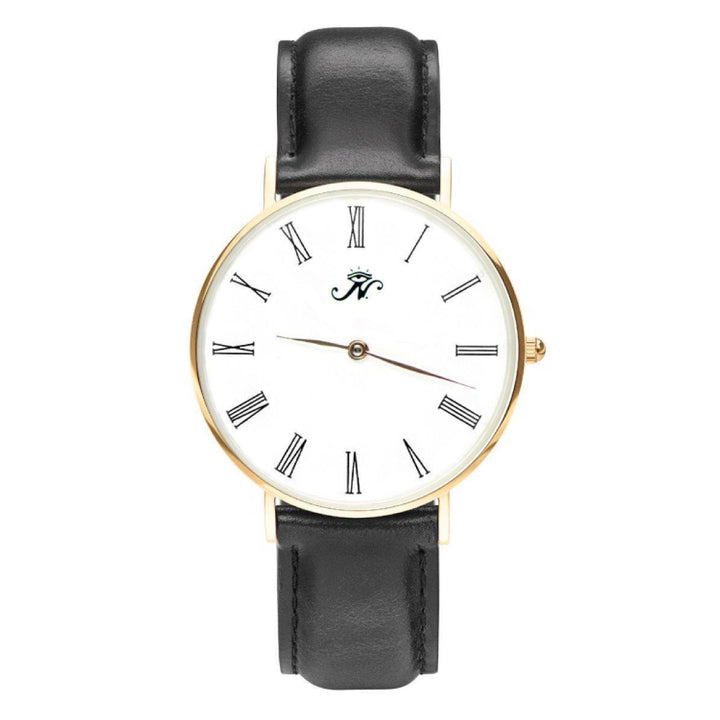 Lansdowne - Designer Watch Timepiece in Gold with Genuine Black Leather and Roman Numerals Style Face
