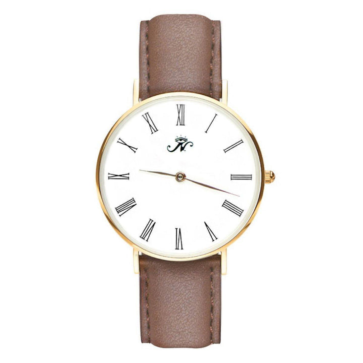 Sherbourne - Designer Watch Timepiece in Gold with Genuine Brown Leather and Roman Numerals Style Face