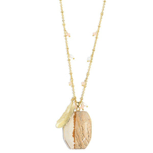 Sands of Time Wooden Line Jasper Stone and Gold Feather Necklace