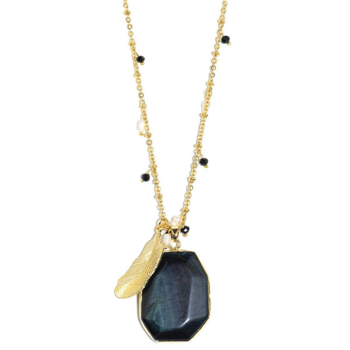 Midnight Sun Black Pietersite Stone and Gold Feather Necklace