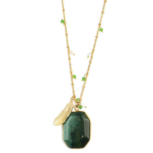 Greenwood Nymph Indian Agate Stone and Gold Feather Necklace